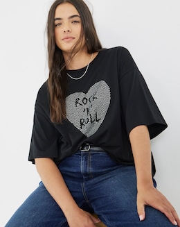 Simply Be Black Studded Rock &amp; Roll Graphic Oversized T-Shirt