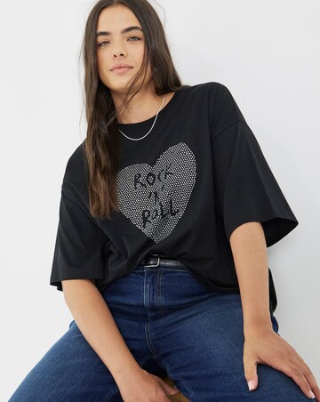 Simply Be Black Studded Rock & Roll Graphic Oversized T-Shirt