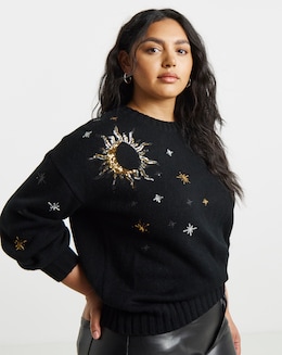Lovedrobe Star Moon Sequin Christmas Jumper