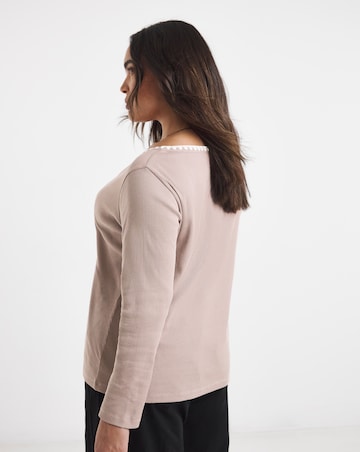 Simply Be Mocha Ribbed Henley Top with Whipstitching