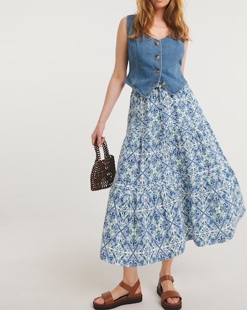 Blue Print Cheesecloth Tiered Midi Skirt
