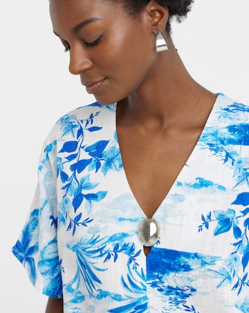 Printed Linen Mix Metal Trim Tunic Top