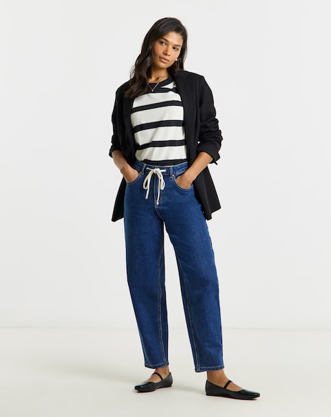Mid Wash Tie Front Tapered Jeans