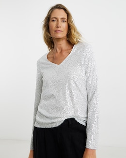 Sequin V-Neck Flare Sleeve Top