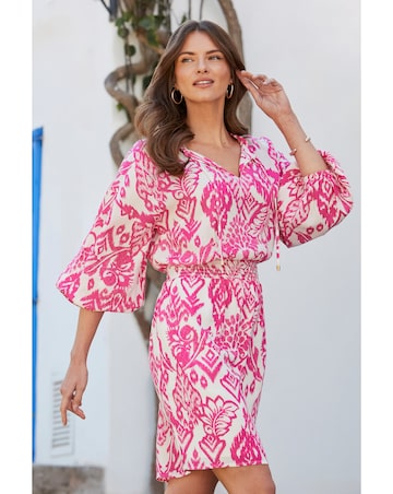 Sosandar Pink & White Aztec Print Tie Neck Dress