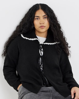 Simply Be Snug Black Tie Front Collar Cardigan