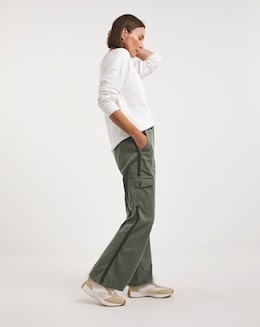 Khaki Stretch Washed Cargo Detail Straight Leg Trousers