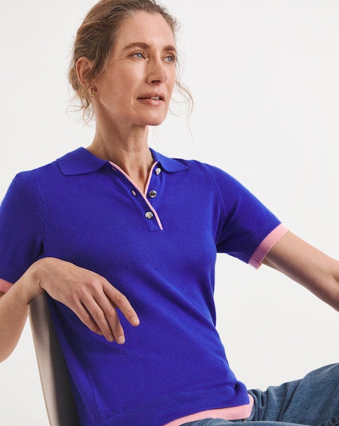 Fine Knit Blue Contrast Short Sleeve Collar Jumper