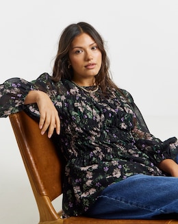 Floral Print Georgette Shirred Blouse