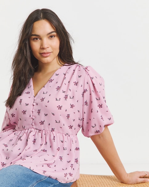 Simply Be Pink Printed Button Through Peplum Blouse