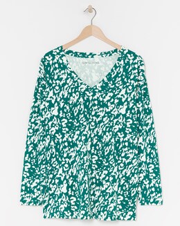 Print Long Sleeve V-Neck Slouch Longline Top