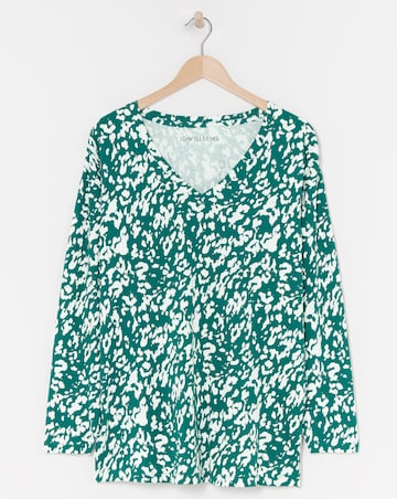 Print Long Sleeve V-Neck Slouch Longline Top