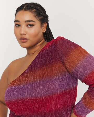 Multi Ombre Stripe Pleated Glitter Mesh One Shoulder Maxi Column Dress