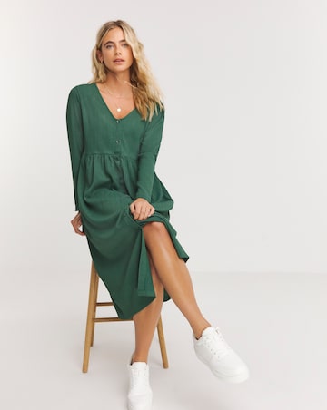 Green Waffle Button Up Midi Dress With Pockets