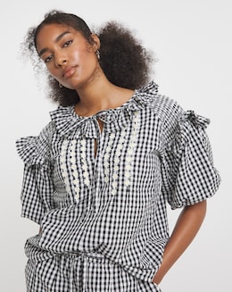 Neon Rose Gingham Seersucker Blouse with Pintuck Daisy Trims