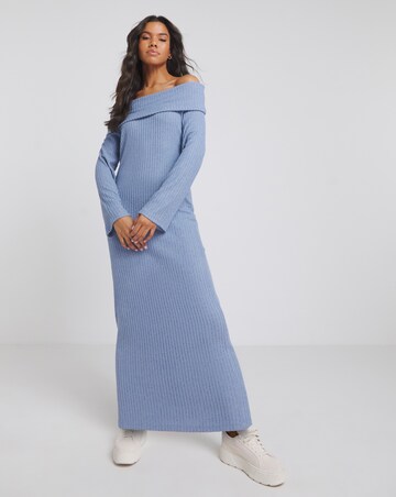 Blue Cosy Rib Bardot Maxi Dress