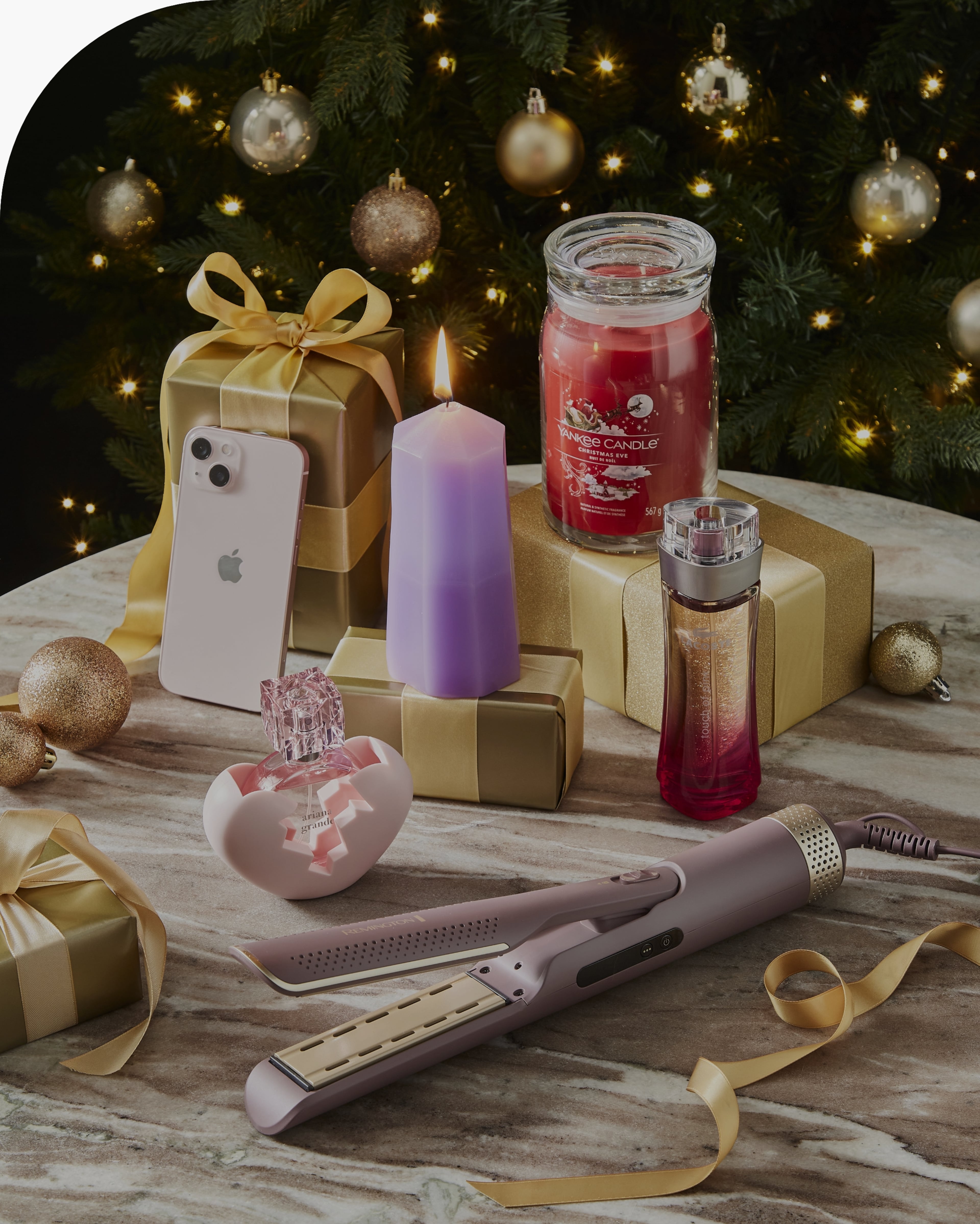 Christmas Gift Set with Tech, Candle, and Straighteners