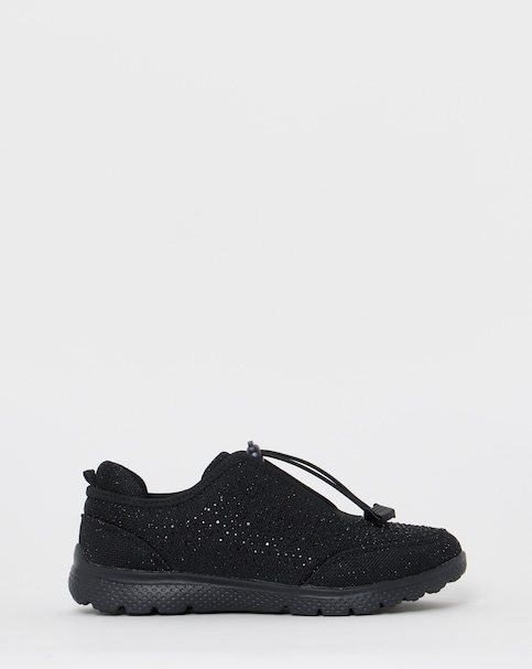 Cushion Walk Black Sparkle Diamante Toggle Trainers - Extra Fit (EEE)