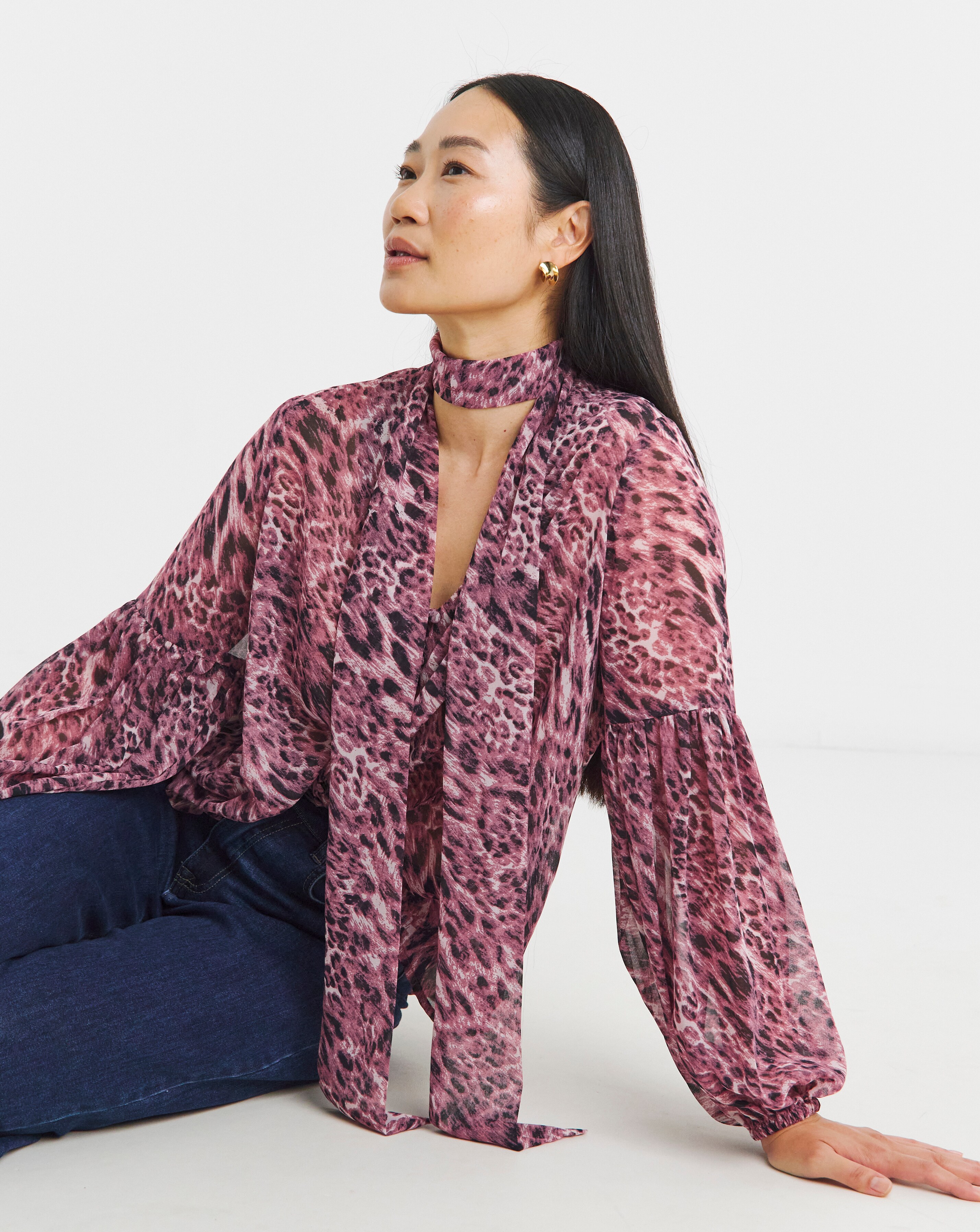 Georgette Collarless Tie Detail Blouse