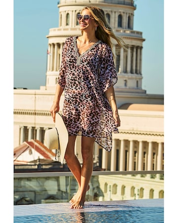 Sosandar Leopard Print Kaftan With Luxe Embellishment Detail