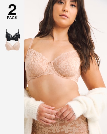 Pretty Secrets (2 Pack) Daisy Lace Full Cup Bras (B-G) Black/Almond