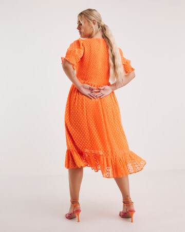 Orange Jacquard Midi Dress With Puff Sleeves