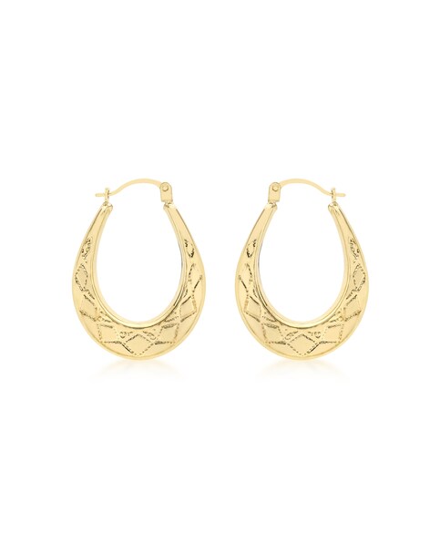 9ct Gold Patterned Oval Creole Earrings