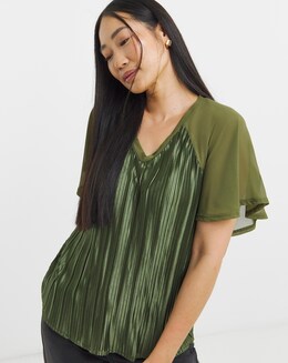 Khaki Pleated Angel Sleeve Longline Top