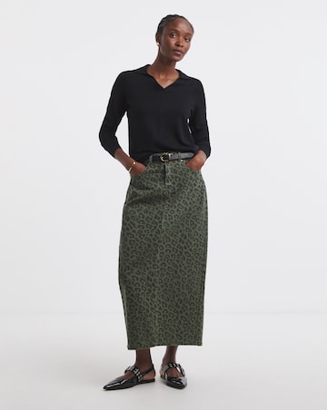 Simply Be Olive Leopard Denim Midaxi Skirt