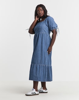 Simply Be Mid Wash Midi Shirred Denim Smock Dress