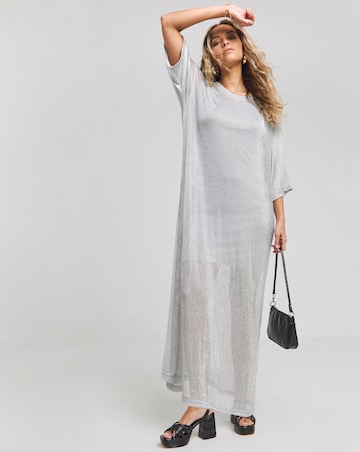 Silver Metallic Chainmail Mesh T-Shirt Maxi Dress