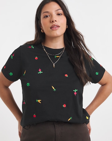 Black Ditsy Vegetables Embroidered Tee