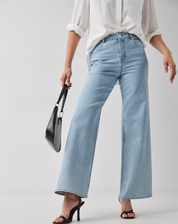 Mid Blue Embellished Wide Leg Jeans