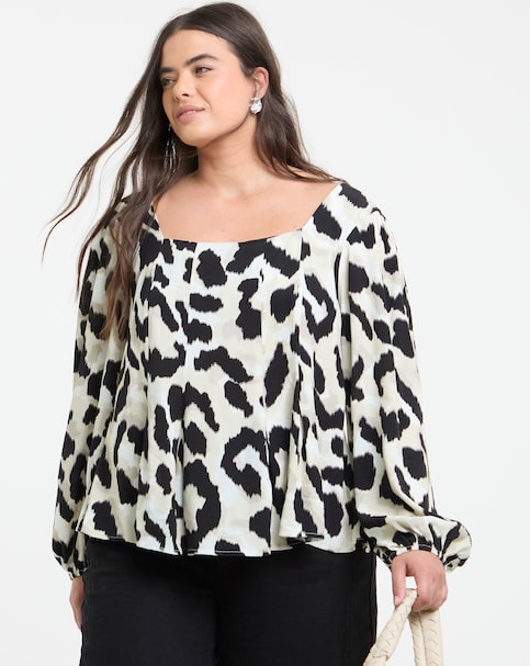 Leopard Print Square Neck Tea Blouse