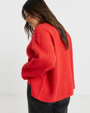 Cosy Yarn Red Crew Neck Ribbed Cardigan