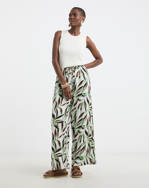 Printed Textured Crinkle Wide Leg Trouser