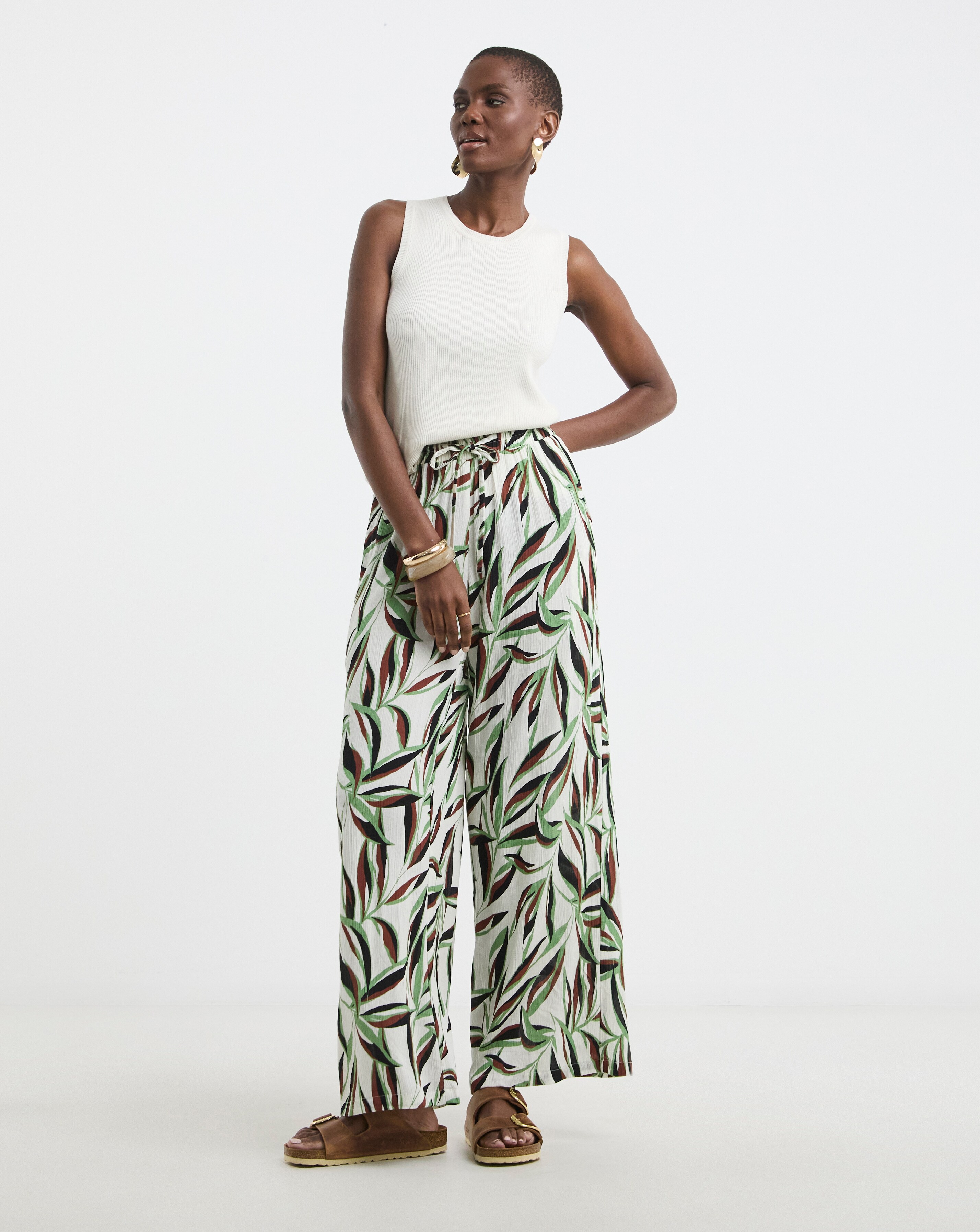 Printed Textured Crinkle Wide Leg Trouser