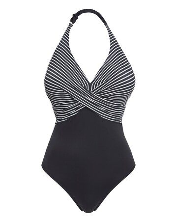 Figleaves Tailor Halter Twist Front Tummy Control Stripe Swimsuit