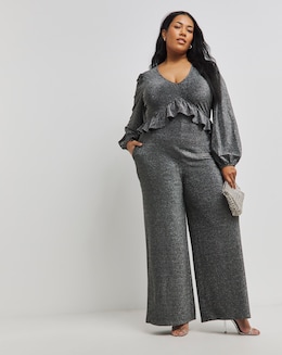 Silver Grey Glitter Knit Frill Jumpsuit