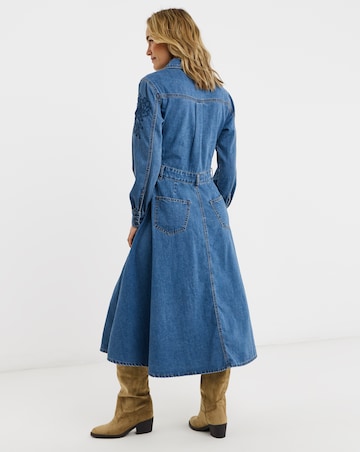 Blue Embroidered Denim Midi Dress