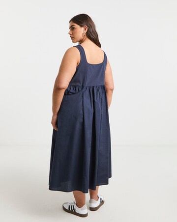 Navy Jersey Poplin Mix Apron Dress With Pockets