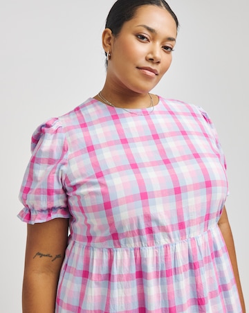 Pink Check Tiered Short Sleeve Midi Dress