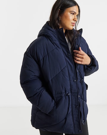 Navy Waisted Detail Padded Coat
