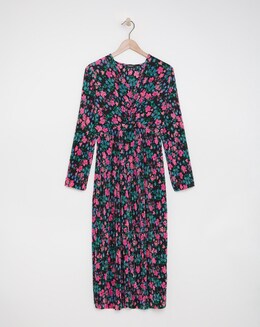 Floral Print Twist Front Plisse Midi Dress