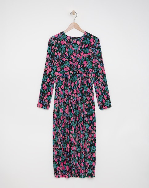 Floral Print Twist Front Plisse Midi Dress