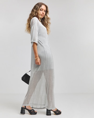 Silver Metallic Chainmail Mesh T-Shirt Maxi Dress