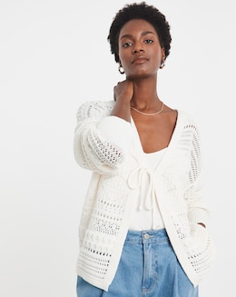 Ivory Tie Front Crochet Cardigan