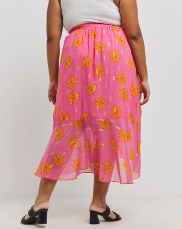 Pink and Orange Floral Print Tie Waist Frill Midi Skirt with Gold Foil