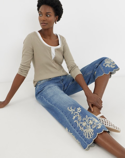 Blue Scallop Hem Broderie Crop Jeans