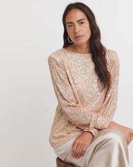 Champagne Sequin Slash Neck Volume Sleeve Top